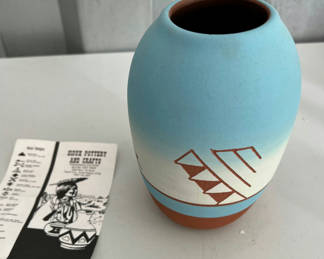 Lot 45: Gradient blue ceramic vase with geometric motif