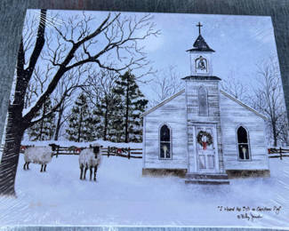 Lot 99: Winter church scene print 'I Heard the Bells on Christmas Day' by Billy Jacobs 16" x 8"