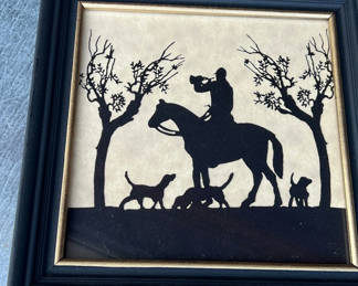 Lot 96: Framed Silhouette: Huntsman on Horseback with Dogs 10" x 10"