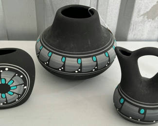 Lot 48: Black pottery trio with turquoise accents - Stove Pipe Pottery