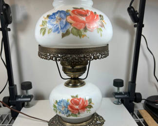 Lot 2: Vintage electric table lamp with dual floral glass globes