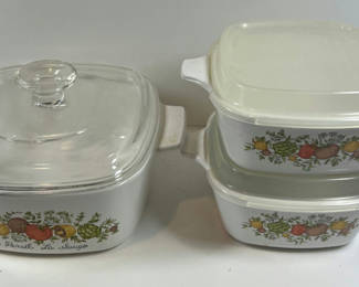 Lot 87: Corning Ware bakeware set with lids 1 - 1-1/4 Qt and 2 - 700 mL