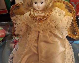 Vintage Porcelain Angel Tree Topper with Gold Trim and Faux Pearls