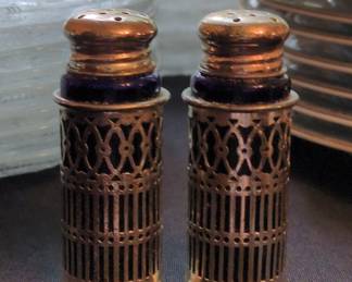 Victorian Cobalt Glass and Silver Plate Salt and Pepper Shakers with Filigree Overlay