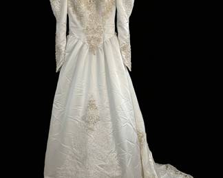 Vintage 1980s Beaded Satin Wedding Gown with Puffy Sleeves