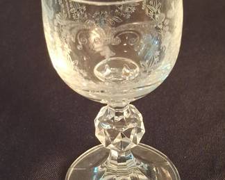 Vintage Bohemia Crystal "Cascade" Etched Wine Stems with Faceted Knop