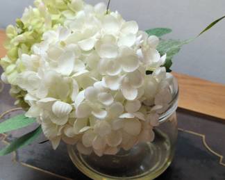 Artificial Hydrangea Arrangement in Glass Vase with Faux Water