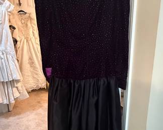 Vintage 1980s Black Sequin and Purple Satin Drop Waist Dress