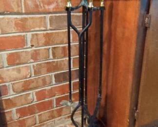 Vintage Wrought Iron Fireplace Tool Set with Brass Ball Finials