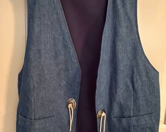 Vintage Western Denim Vest with Concho Tie Front and Cowboy Boot & Hat Back Motif