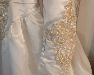 Vintage 1980s Beaded Satin Wedding Gown with Puffy Sleeves