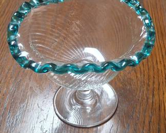 Vintage Art Glass Compote with Teal Ruffled Rim