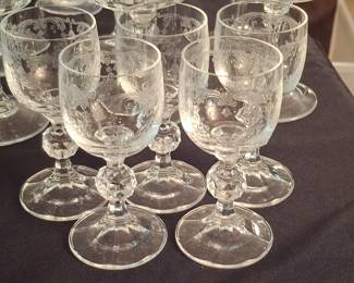 Vintage Bohemia Crystal "Cascade" Etched Wine Stems with Faceted Knop
