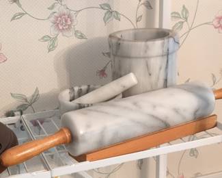 Vintage Marble Kitchen Accessory Set with Mortar and Pestle