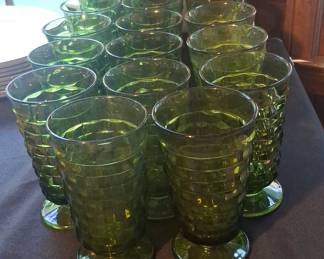 Indiana Glass Whitehall Avocado Green Footed Tumblers - Set of 18
