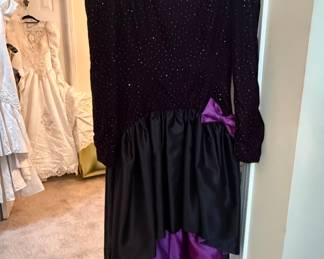 Vintage 1980s Black Sequin and Purple Satin Drop Waist Dress