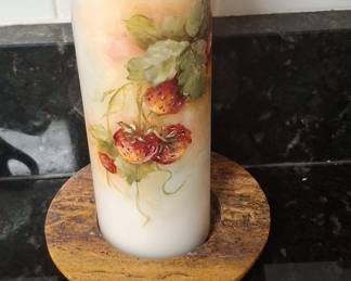 Hand-Painted Strawberry Pillar Candle on Polished Stone Base