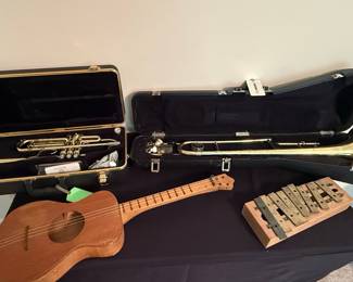 Musical Instrument Collection: Blessing Trumpet, Trombone, Ukulele, and Glockenspiel