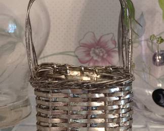 Miniature Silver-Plated Woven Basket with Handle