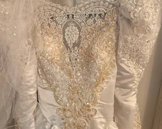Vintage 1980s Beaded Satin Wedding Gown with Puffy Sleeves