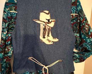 Vintage 80s/90s Southwest Geometric Print Denim Vest and Shirt Set with Cowboy Boot and Hat Embroidery