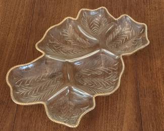Jeannette Glass Feather Leaf 6-Part Relish Tray with Gold Beaded Rim