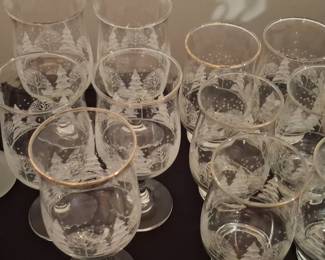 Vintage Arby's Libbey "Winter Wonderland" Frosted Pine Tree Wine Glasses with Gold Rim