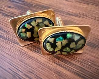 Mid-Century Mosaic Inlay Cufflinks with Green Stone