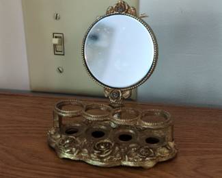 Vintage Ornate Gilt Metal Lipstick Holder with Mirror by Matson
