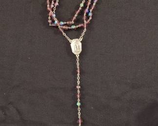 Vintage Aurora Borealis Glass Bead Rosary with Silver-Tone Chain