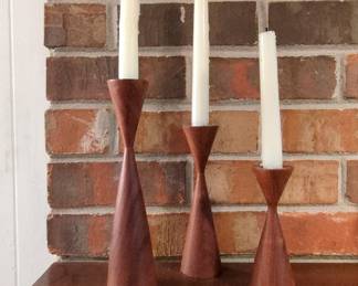 Mid-Century Modern Turned Wood Candlestick Set