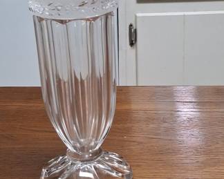 Crystal Glass Vase with Floral Etched Band and Scalloped Footed Base