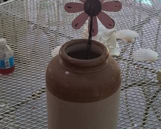 Vintage Ceramic Iridescent Shell Planter and Two-Tone Stoneware Crock