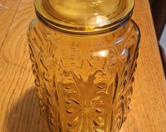 L.E. Smith Atterbury Scroll Amber Glass Canister