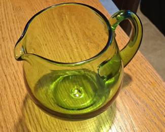 Vintage Hand-Blown Green Glass Pitcher