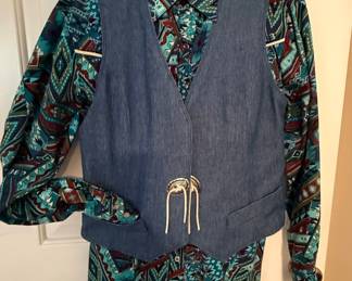 Vintage 80s/90s Southwest Geometric Print Denim Vest and Shirt Set with Cowboy Boot and Hat Embroidery