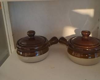Vintage Brown Drip Glaze Stoneware Soup Crocks with Lids