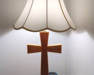 Handmade Wooden Cross Table Lamp with Scalloped Fabric Shade