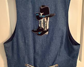 Vintage Western Denim Vest with Concho Tie Front and Cowboy Boot & Hat Back Motif