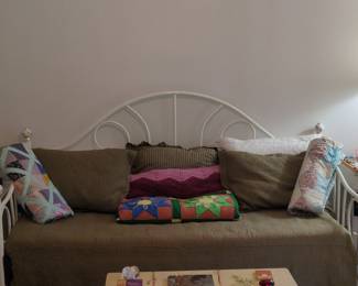 Vintage White Metal Daybed with Floral Porcelain Finials