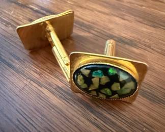 Mid-Century Mosaic Inlay Cufflinks with Green Stone