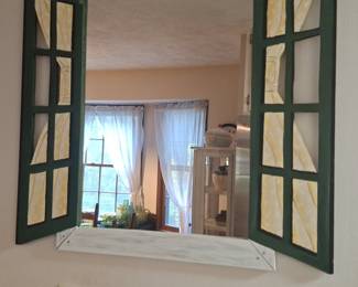 Decorative Window Frame Wall Mirror with Faux Curtains