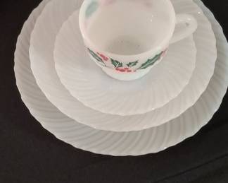 Termocrisa Holly Pattern Milk Glass Cup and Saucer Set