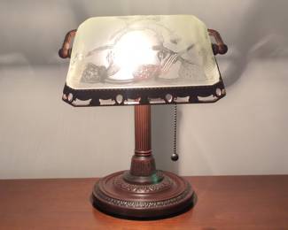 Vintage Bankers Lamp with Floral Etched Glass Shade and Bronze Finish