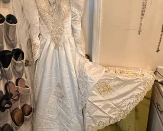 Vintage 1980s Beaded Satin Wedding Gown with Puffy Sleeves