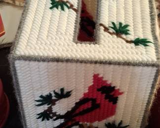 Hand-Stitched Plastic Canvas Tissue Box Cover with Cardinal and Pine Branch Motif