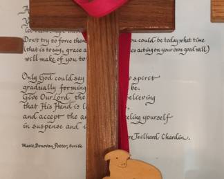 Wooden Standing Cross with Lamb Figurine and Calligraphy Print