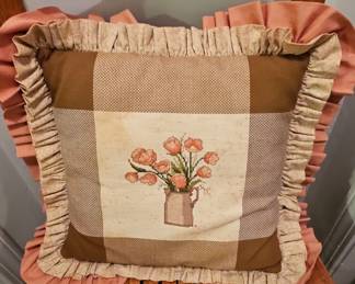 Vintage Floral Cross-Stitch Throw Pillow with Ruffled Trim