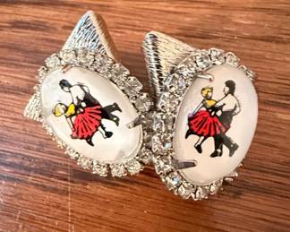 Vintage Square Dance Couple Rhinestone Clip-On Earrings