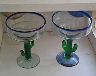 Set of 2 Hand-Blown Mexican Saguaro Cactus Margarita Glasses with Cobalt Blue Rims